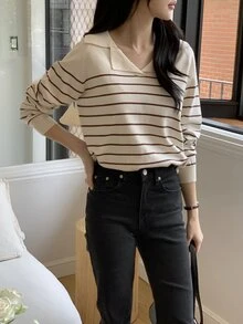 Dazy-Less ラグランスリーブ ストライプセーター、長袖トップス、秋服 ビジネスカジュアル レディース 仕事着 ニットトップス - アプリコット - チェックする 15