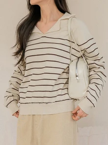 Dazy-Less ラグランスリーブ ストライプセーター、長袖トップス、秋服 ビジネスカジュアル レディース 仕事着 ニットトップス - アプリコット - チェックする 6