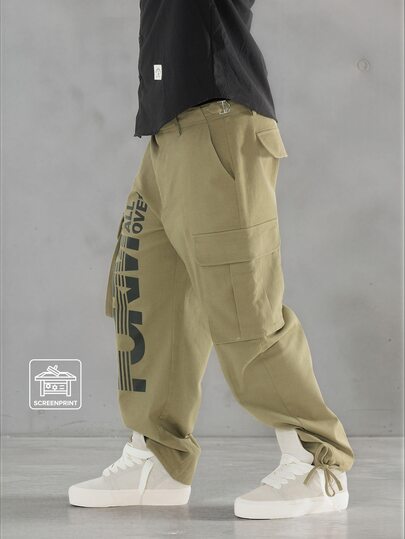 FORM&CHAOS Men's Letter Print Cargo Pants Casual Versatile Everyday Travel Straight Leg Utility Trousers Loose Fit Multi-Pocket Workwear Streetwear