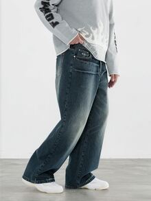 FORM&CHAOS [100% Cotton] Men's Streetwear Jeans Wide Leg Pockets Washed Denim Long Pants - Navy Blue - View 5