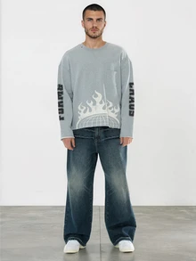 FORM&CHAOS [100% Cotton] Men's Streetwear Jeans Wide Leg Pockets Washed Denim Long Pants - Navy Blue - View 3