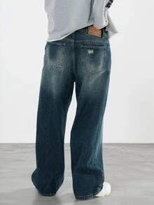 FORM&CHAOS [100% Cotton] Men's Streetwear Jeans Wide Leg Pockets Washed Denim Long Pants - Navy Blue - View 2