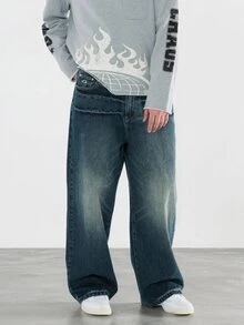 FORM&CHAOS [100% Cotton] Men's Streetwear Jeans Wide Leg Pockets Washed Denim Long Pants - Navy Blue - View 6