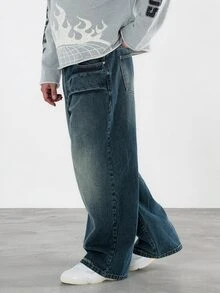 FORM&CHAOS [100% Cotton] Men's Streetwear Jeans Wide Leg Pockets Washed Denim Long Pants - Navy Blue - View 4