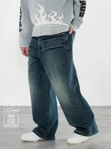 FORM&CHAOS [100% Cotton] Men's Streetwear Jeans Wide Leg Pockets Washed Denim Long Pants - Navy Blue - View 1