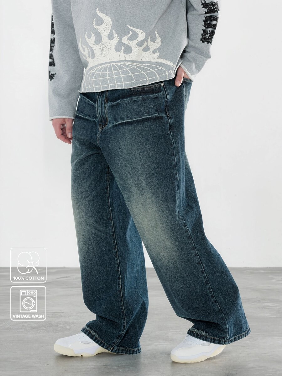 FORM&CHAOS [100% Cotton] Men's Streetwear Jeans Wide Leg Pockets Washed Denim Long Pants - Navy Blue - View 1