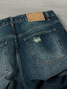 FORM&CHAOS [100% Cotton] Men's Streetwear Jeans Wide Leg Pockets Washed Denim Long Pants - Navy Blue - View 8