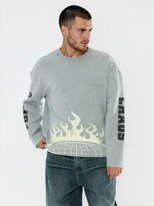 FORM&CHAOS Men's Square Raw Edge Grey Street Print Crew Neck Sweatshirt - Grey - View 3