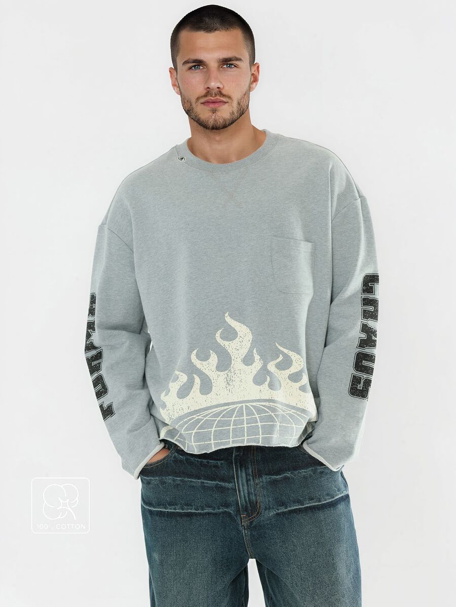 FORM&CHAOS Men's Square Raw Edge Grey Street Print Crew Neck Sweatshirt - Grey - View 1