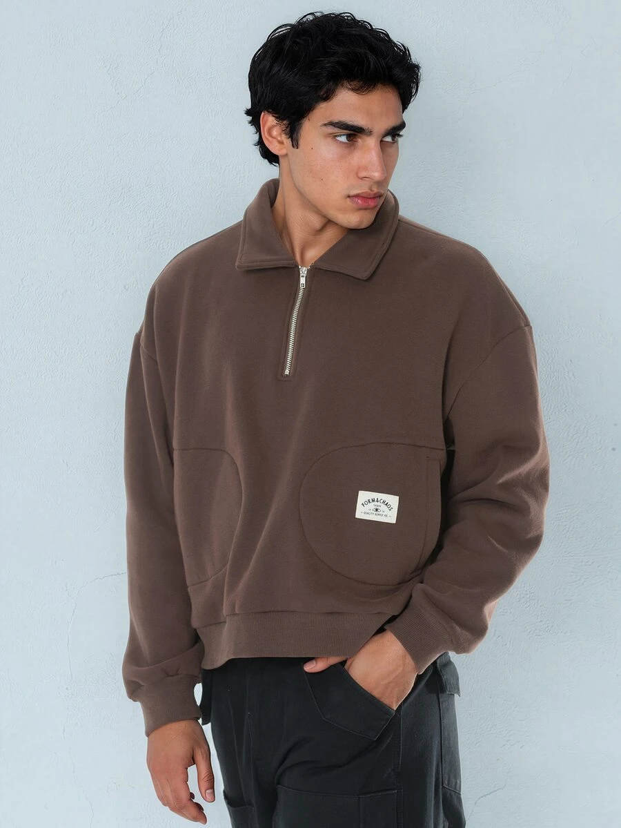 FORM&CHAOS Men's Autumn/Winter Brown Oversized Zip-Up Sweatshirt With Turn-Down Collar - Brown - View 1