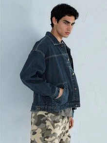 FORM&CHAOS Men's Fashion Versatile Single-Breasted Long Sleeve Denim Jacket - Navy Blue - View 5