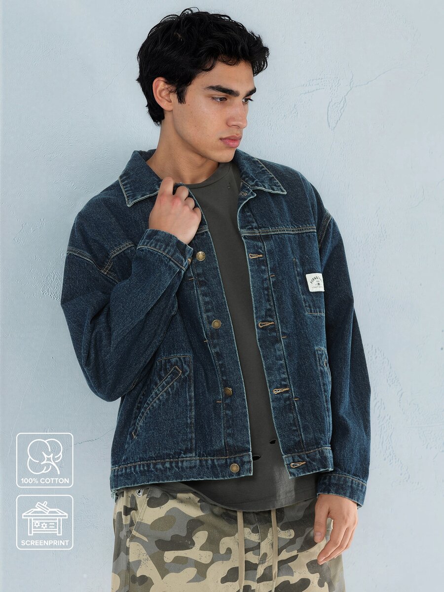 FORM&CHAOS Men's Fashion Versatile Single-Breasted Long Sleeve Denim Jacket - Navy Blue - View 1