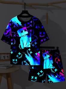 2pcs Teen Boy Teen Boy Casual Vision Fluorescent Cartoon Pattern Round Neck Short Sleeve Shorts - Blue - View 1