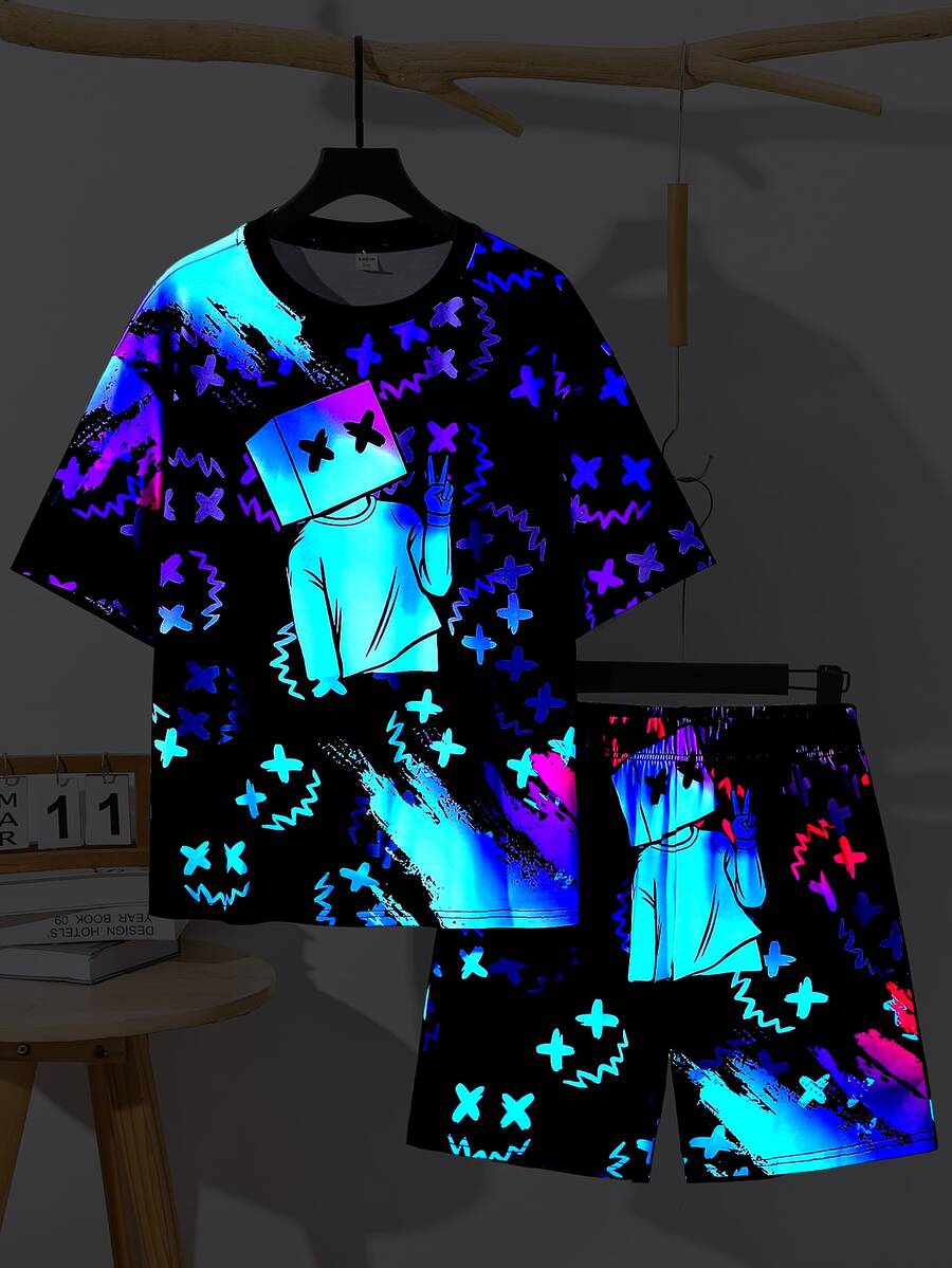 2pcs Teen Boy Teen Boy Casual Vision Fluorescent Cartoon Pattern Round Neck Short Sleeve Shorts - Blue - View 1