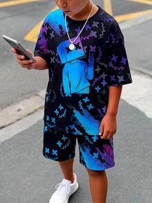 2pcs Teen Boy Teen Boy Casual Vision Fluorescent Cartoon Pattern Round Neck Short Sleeve Shorts - Blue - View 5
