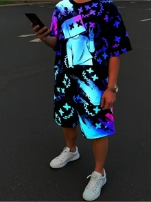 2pcs Teen Boy Teen Boy Casual Vision Fluorescent Cartoon Pattern Round Neck Short Sleeve Shorts - Blue - View 6