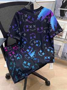 2pcs Teen Boy Teen Boy Casual Vision Fluorescent Cartoon Pattern Round Neck Short Sleeve Shorts - Blue - View 4
