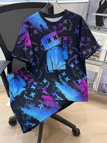 2pcs Teen Boy Teen Boy Casual Vision Fluorescent Cartoon Pattern Round Neck Short Sleeve Shorts - Blue - View 2