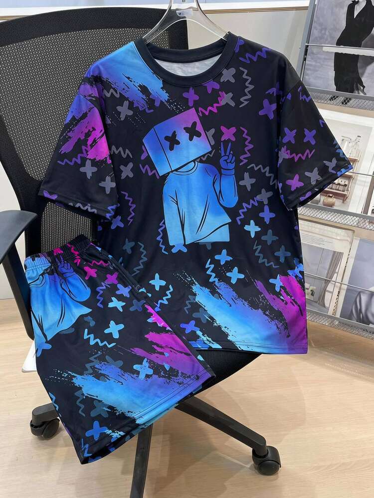 2pcs Teen Boy Teen Boy Casual Vision Fluorescent Cartoon Pattern Round Neck Short Sleeve Shorts - Blue - View 2