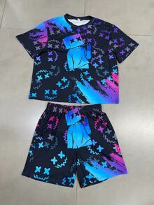 2pcs Teen Boy Teen Boy Casual Vision Fluorescent Cartoon Pattern Round Neck Short Sleeve Shorts - Blue - View 3