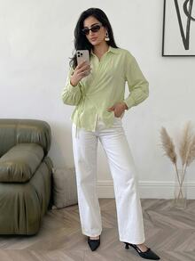 Solavon 女款純色休閒百搭日常外出襯衫 - 綠色 - 查看 7
