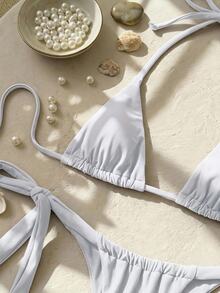SHEIN Swim 低胸性感迷你镂空蝴蝶结吊带女式比基尼套装 - 白色 - 查看 2