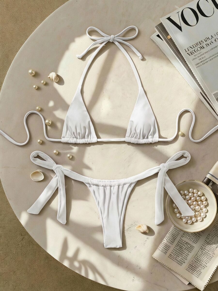 SHEIN Swim 低胸性感迷你镂空蝴蝶结吊带女式比基尼套装 - 白色 - 查看 1