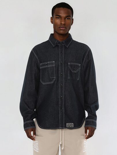 FORM&CHAOS Men's Casual Denim Shacket With Pockets -Summer Loose Fit Long Sleeve Shirt, Vintage Skate Streetwear Jacket