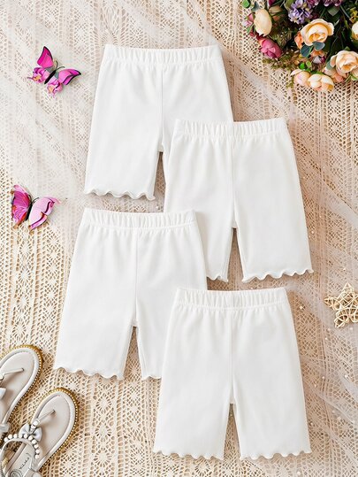 Young Girl 4pcs/Set  White Solid Color Lettuce Hem Biker Shorts For Casual Wear Young Girl Shorts For Girlskids Pants For Girlskids Girl Pants