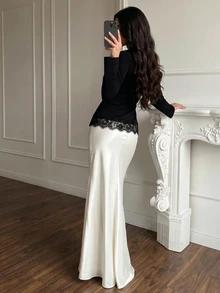 Feyla تي شيرت نسائي بأكمام طويلة بقصة ضيقة وتصميم مرقع بالدانتيل متعدد الاستخدامات للاستخدام اليومي - الأسود - مشاهدة 8