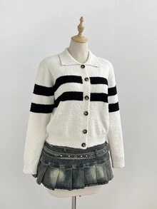 Autumina Women's Autumn/Winter Lazy Casual Daily Home Commute Photography College Style Stand Collar Striped Cardigan - Multicolor - View 4