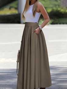 EMERY ROSE A-Line Solid Color High Waist Skirt Maxi Women - Khaki - View 6