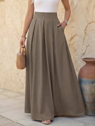EMERY ROSE Rok Maxi Wanita Model A-Line Warna Polos Pinggang Tinggi