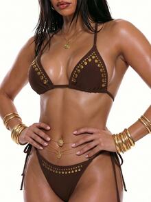 Oceva Women's Summer Beach Party Solid Color Rivet Design Halter Neck Tie Sexy Bodycon Fashion Bikini Two-Piece Swimsuit Set Brown - Brown - View 5