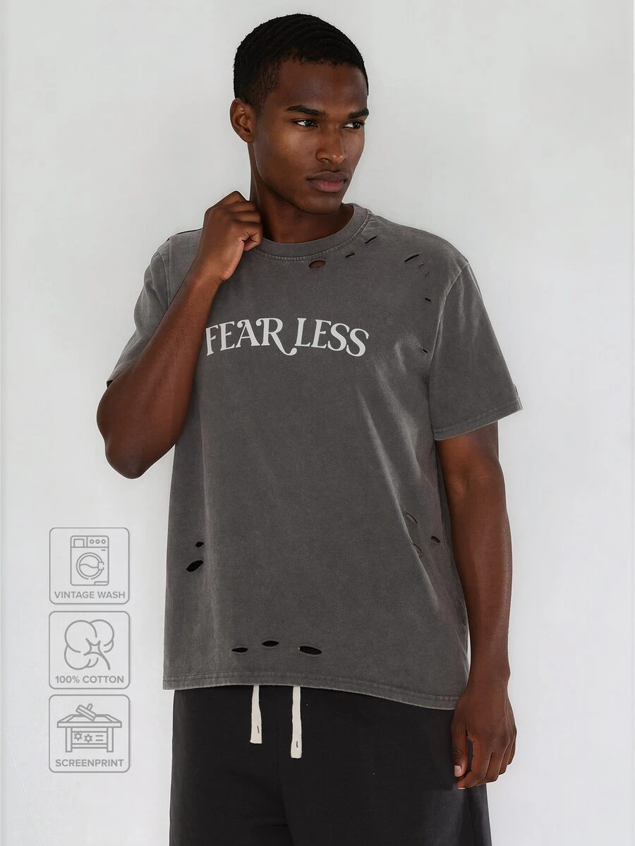 FORM&CHAOS [100% Cotton]Men's Vintage Washed Graphic T-Shirt -Streetwear Heavyweight Distressed Tee, Retro Loose Fit Casual Crew Neck Tops - Black - View 1
