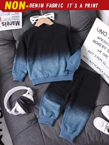 小男孩運動衫套裝，藍黑配色圓領字母數位印花長袖運動衫搭配同款長褲，適合秋冬室內外穿著 - 彩色 - 查看 2