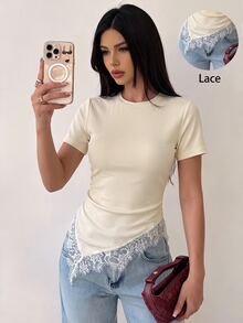 Firerie 女款極簡優雅休閒度假通勤修身T恤上衣，黑色短袖收腰不對稱下擺蕾絲飾邊，適合度假、海灘、假日穿搭 - 彩色 - 查看 6