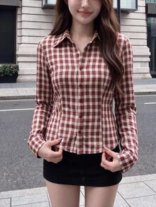 Comfortcana 女款休閒復古學院風格子襯衫，春秋感恩節早午餐紅白格紋 - 玫紅色 - 查看 4