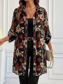 SHEIN Clasi 女款花卉印花捲袖單排扣長版襯衫，秋季教師節早午餐度假風，黑色花卉優雅休閒 - 彩色 - 查看 8