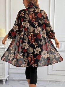 SHEIN Clasi 女款花卉印花捲袖單排扣長版襯衫，秋季教師節早午餐度假風，黑色花卉優雅休閒 - 彩色 - 查看 3