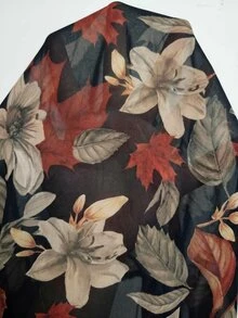 SHEIN Clasi 女款花卉印花捲袖單排扣長版襯衫，秋季教師節早午餐度假風，黑色花卉優雅休閒 - 彩色 - 查看 9