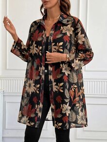 SHEIN Clasi 女款花卉印花捲袖單排扣長版襯衫，秋季教師節早午餐度假風，黑色花卉優雅休閒 - 彩色 - 查看 4