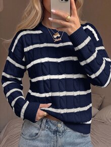 SHEIN Girlism 青少年女孩校園復古學院風黑白條紋長袖圓領秋季毛衣 - 藏蓝色 - 查看 3