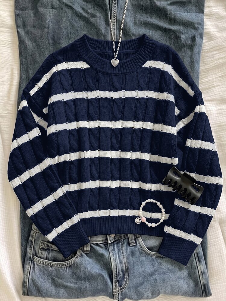 SHEIN Girlism Teen Girl Teen Girls Sweaters Campus Retro College Black And White Striped Long Sleeve Crew Neck Autumn Sweater - Navy Blue - View 2