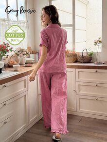 Snug Reverie Women's 100% Cotton Short Sleeve Long Pants Cardigan Ruffle Romantic Fresh Jacquard Cut-Out Solid Color Loungewear Set - Pink - View 2