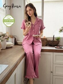Snug Reverie Women's 100% Cotton Short Sleeve Long Pants Cardigan Ruffle Romantic Fresh Jacquard Cut-Out Solid Color Loungewear Set - Pink - View 6