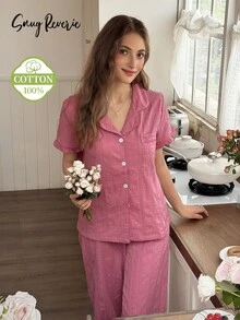 Snug Reverie Women's 100% Cotton Short Sleeve Long Pants Cardigan Ruffle Romantic Fresh Jacquard Cut-Out Solid Color Loungewear Set - Pink - View 5