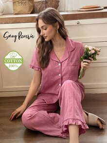 Snug Reverie Women's 100% Cotton Short Sleeve Long Pants Cardigan Ruffle Romantic Fresh Jacquard Cut-Out Solid Color Loungewear Set - Pink - View 1
