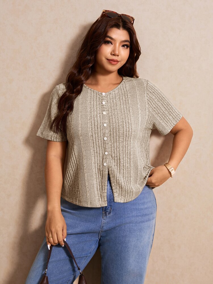 Elaquor Plus Size Women's Solid Color Short Sleeve Button Design Casual T-Shirt - Baby Pink - View 5