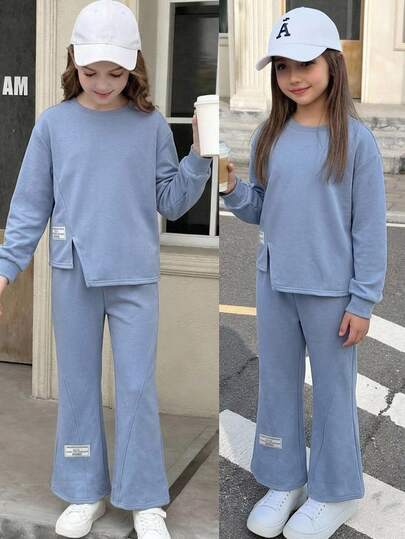 SHEIN Tween Girls T-Shirt Co-Ords Knit Blue English Letter Patch Sweatshirt & Sweatpants 2 Pieces Set